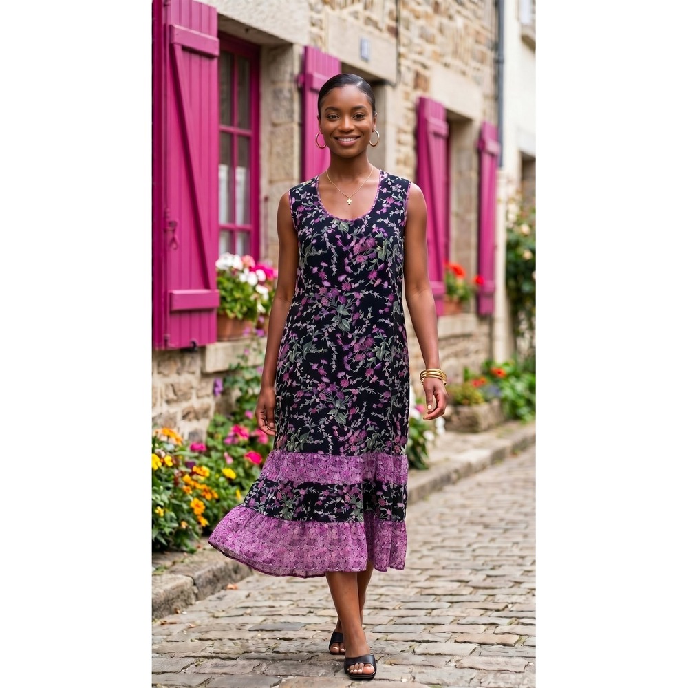 VTG Oversized Black Purple Floral Maxi Sleeveless‎ 90s Boho Dark Fairy M/L